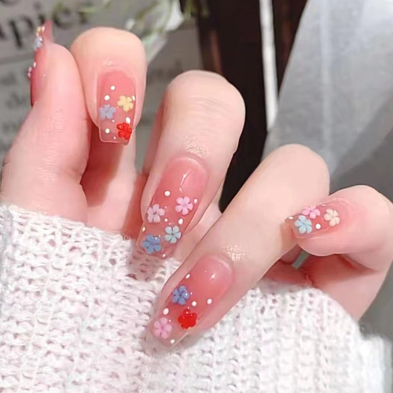 Blossom Festival Medium Coffin Peach Press On Nails with Floral Print and Glitter Detail