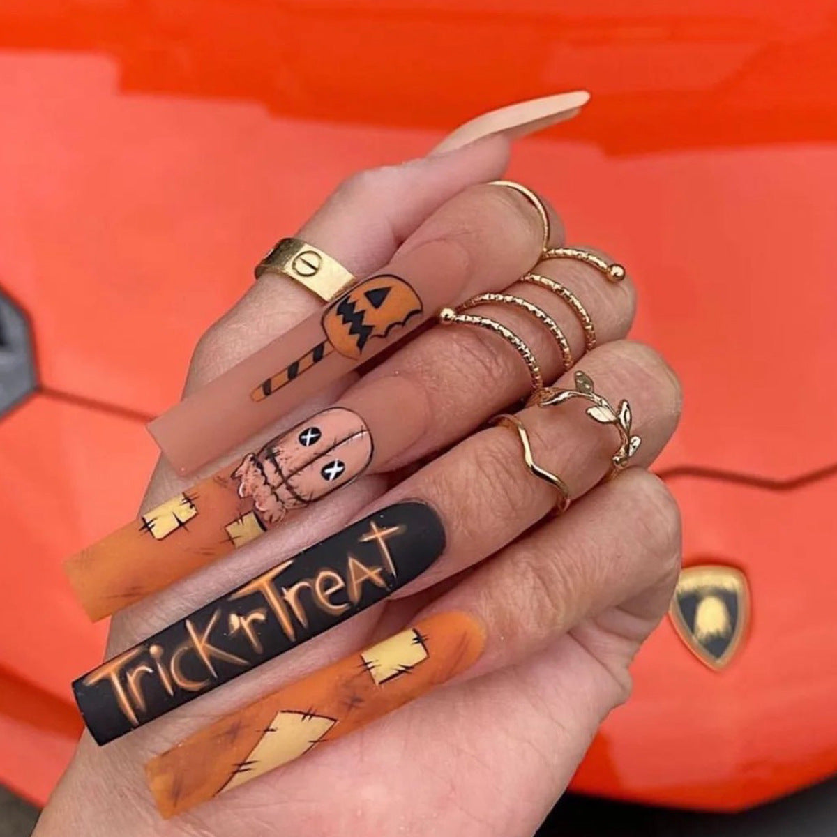 Trick Or Treat Long Square Orange Halloween Press On Nails