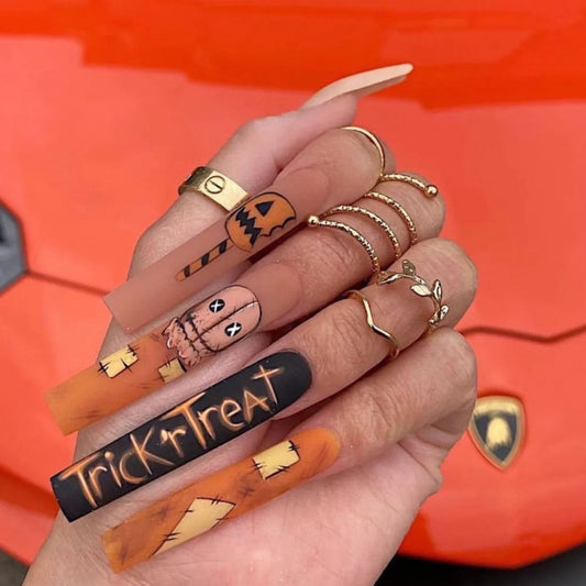 Trick Or Treat Long Square Orange Halloween Press On Nails