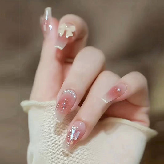 Elegant Medium Length Coffin Sheer Pink Press-on Nails with Encapsulated Flower Design