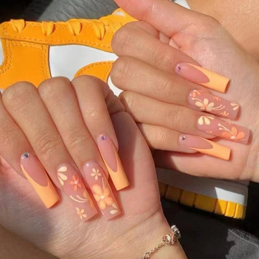 Summer Glow Long Coffin Apricot Press-on Nails with Floral Art and Crystal Embellishments