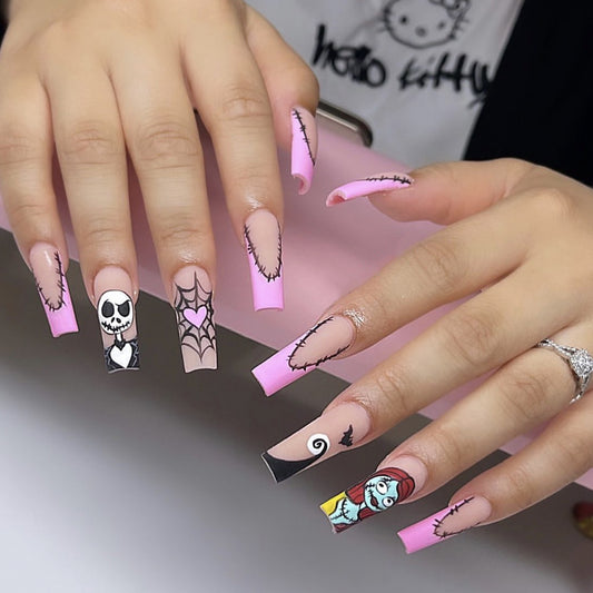 Skeletal Wedding Long Coffin Multicolor Halloween Press On Nails