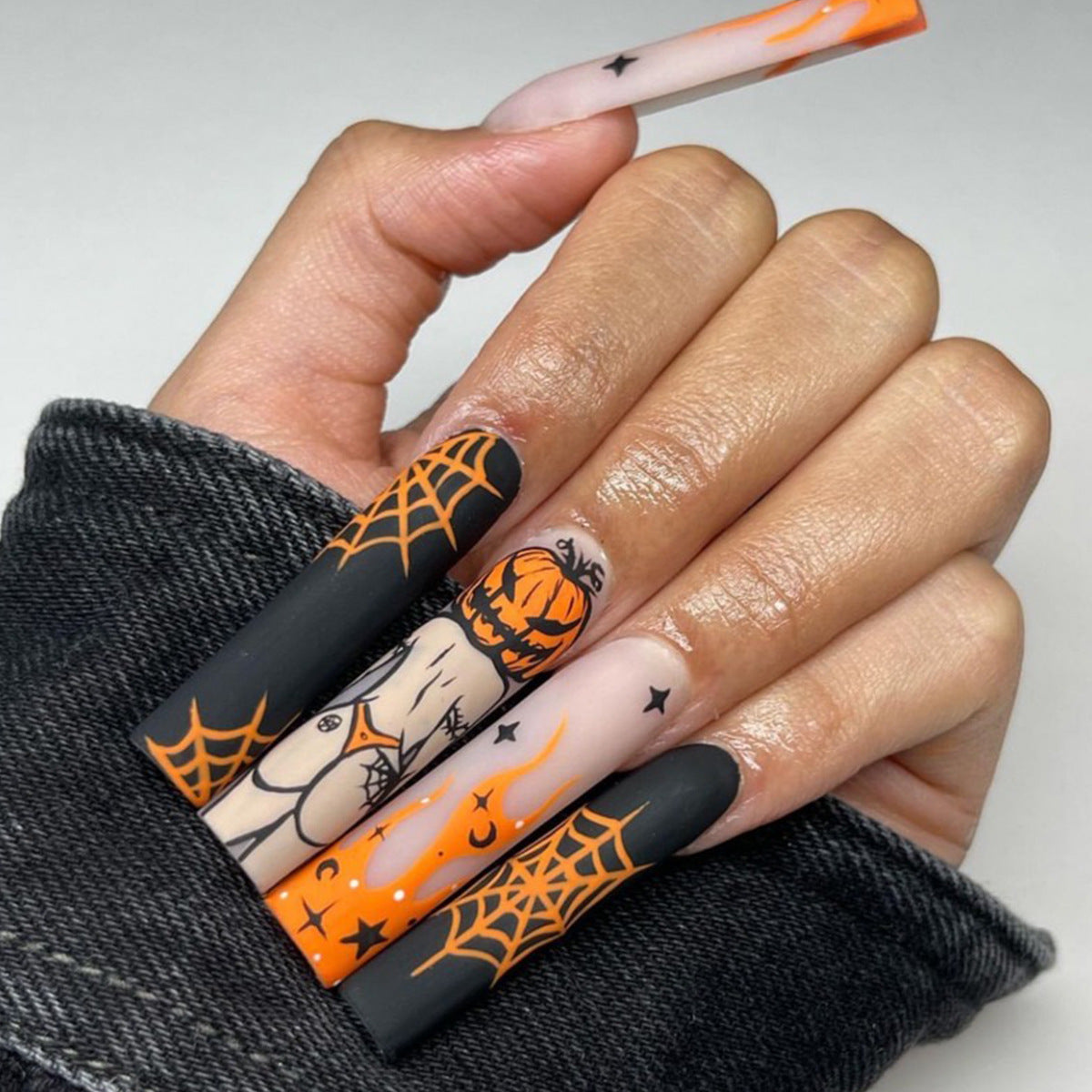 Pumpkin Fun Long Square Orange Halloween Press On Nails