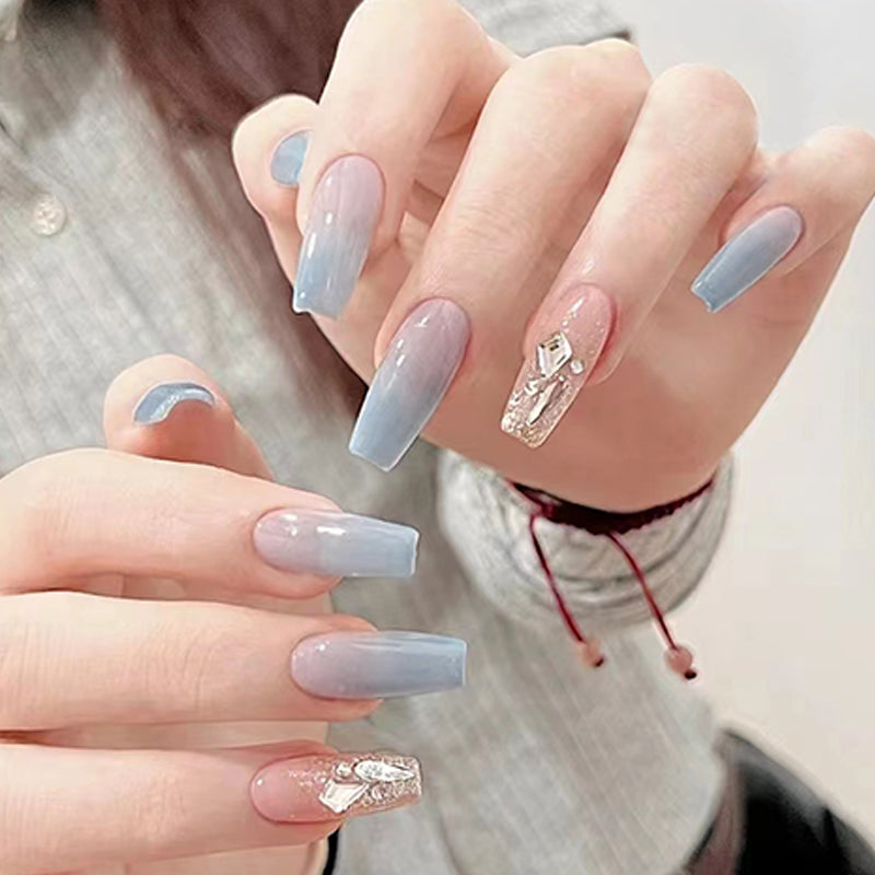 Winter Frost Long Coffin Blue Gradient Press-On Nail Set with Crystal Snowflake Accents