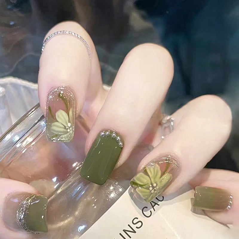 Botanical Oasis Medium Square Olive Green Press-On Nail Set with Floral Embossing and Rhinestone Details