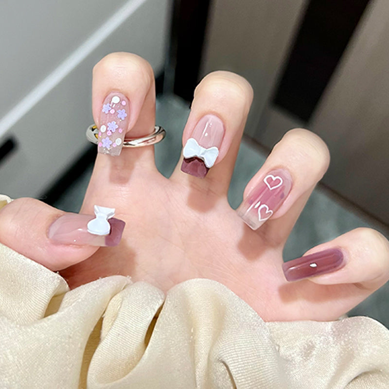 Sweet Romance Medium Square Mauve Press-On Nails with Floral and Bow Accents