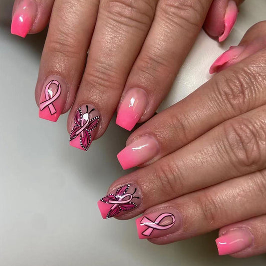 Breast Cancer Awareness Short Coffin Pink Everyday Press On Nails