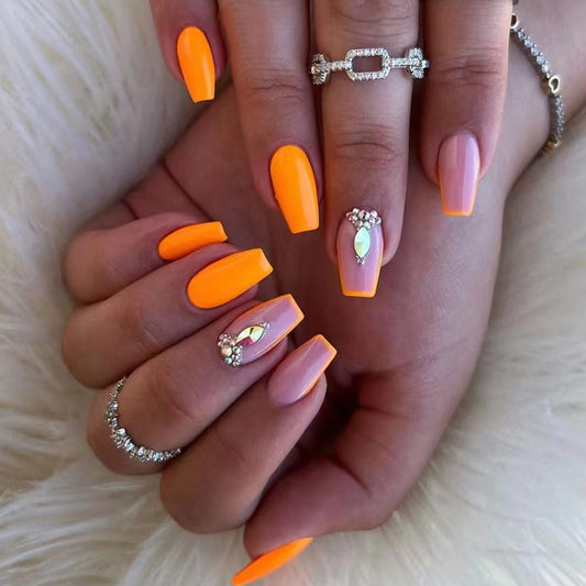 Sunset Glow Medium Coffin Neon Orange and Beige Press-On Nails with Gemstone Embellishments