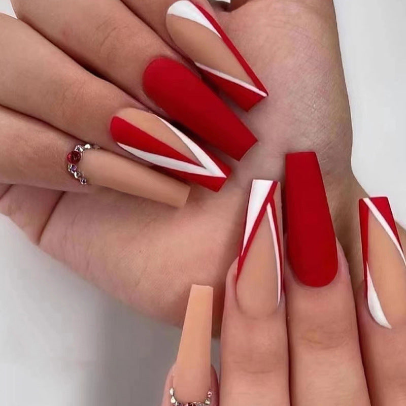 Bold Elegance Long Coffin Red and Beige Press-On Nails with Geometric Art Design