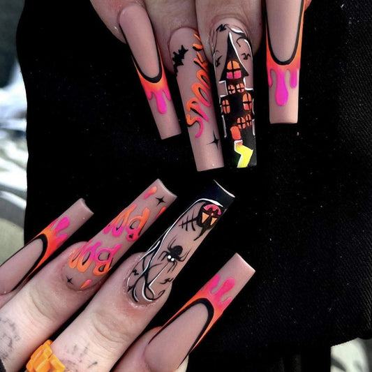 Dare To Go Into The Haunted Mansion Long Coffin Black Halloween Press On Nails