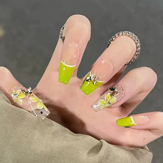 Citrus Splash Medium Coffin Lime Green and Transparent Press-On Nails with Floral Embellishments and Crystal Accents