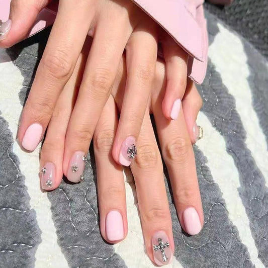 Spring Blossom Short Squoval Baby Pink Press On Nails with Floral Accents and Crystal Embellishments