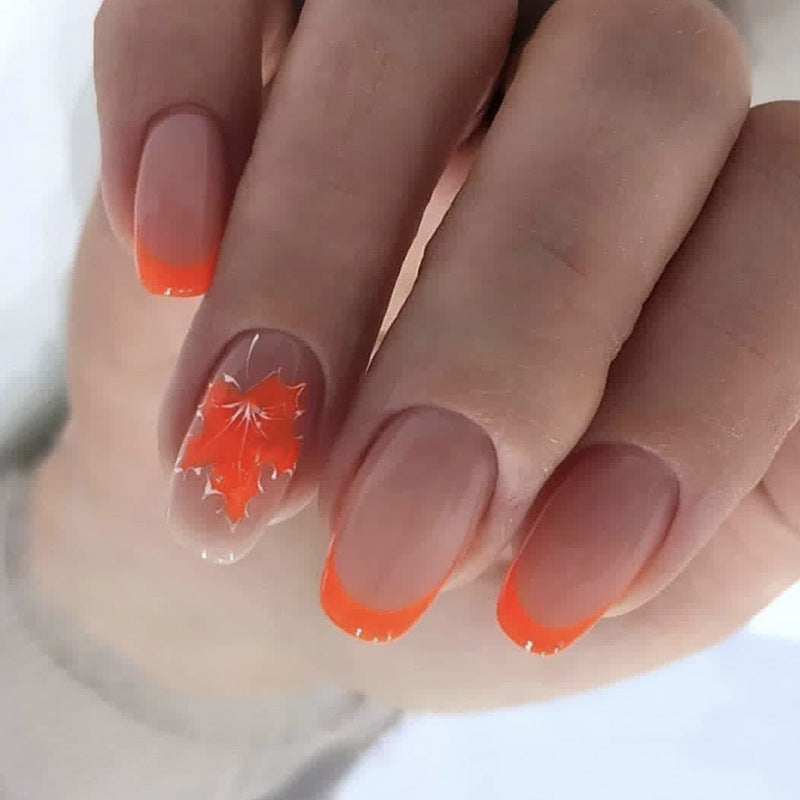 Falling Leaves Short Round Orange Fall Press On Nails