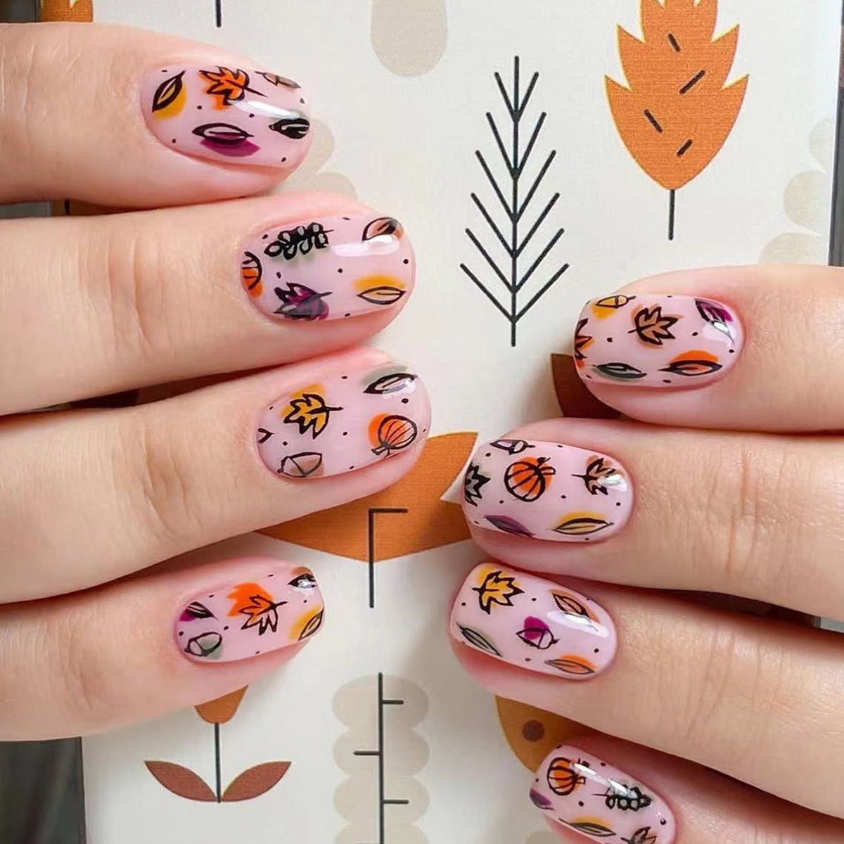 Teaching Falling Leaves Short Round Multicolor Fall Press On Nails