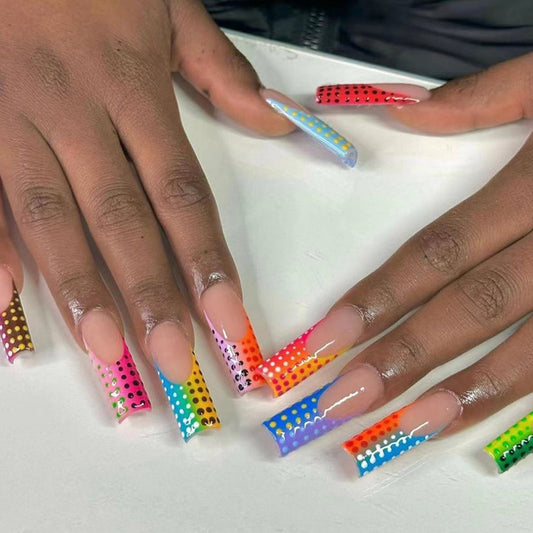 Dotted And Dared Long Coffin Multicolor Bold Press On Nails