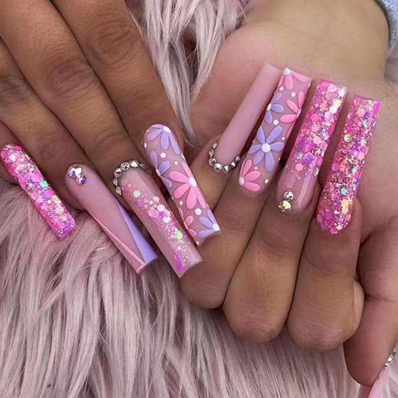 Pink Petal Parade Extra Long Square Baby Pink Press On Nails with Floral Art, Glitter, and Rhinestone Accents