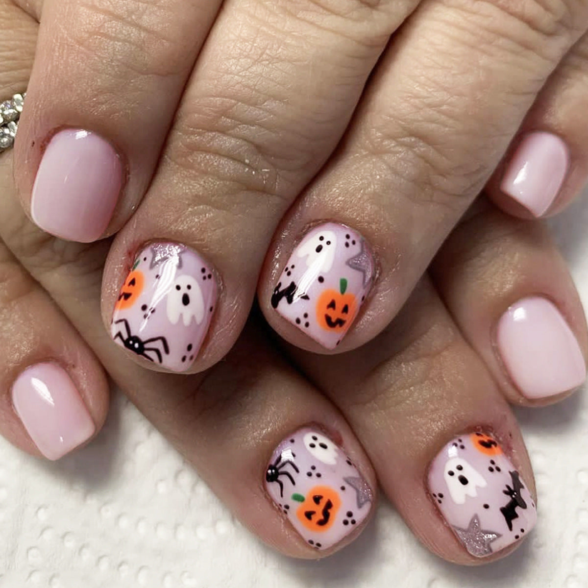 A Surprised Ghost Buddy Short Squoval Multicolor Halloween Press On Nails