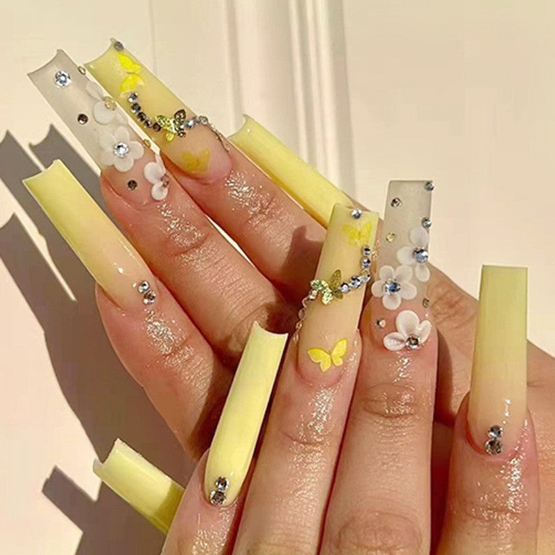 Sunny Fields Extra Long Square Canary Yellow Press On Nails with Floral Art and Crystal Embellishments