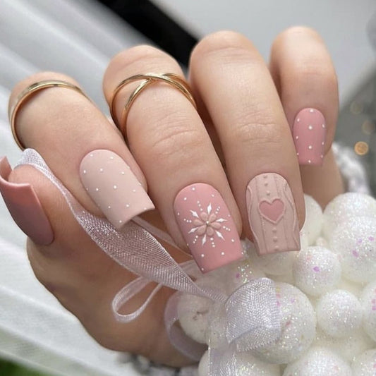 Winter Sweater Weather Medium Square Pink Matte Press On Nails