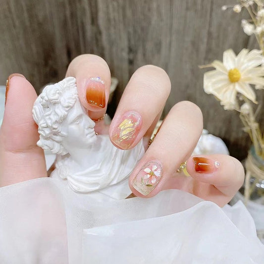 Renaissance Muse Short Square Amber Press On Nails with Gold Leaf and Floral Accents