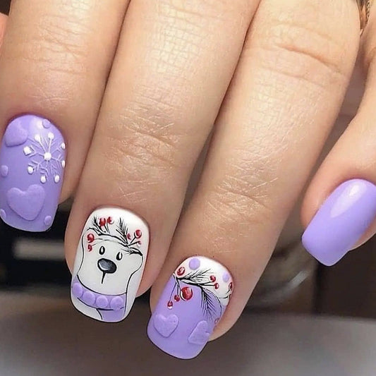 A Cozy Warm Polar Bear Short Squoval Purple Winter Press On Nails