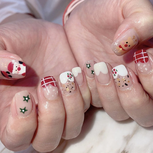 Coming Down The Chimney Short Squoval Red Holiday Press On Nails