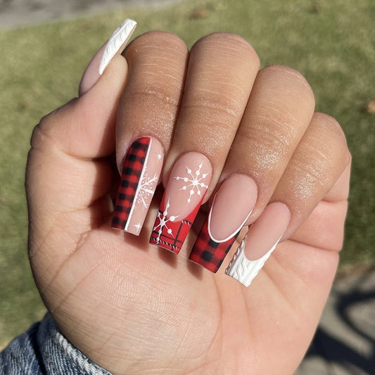 The Plaid Sweater Long Coffin Red Holiday Press On Nails