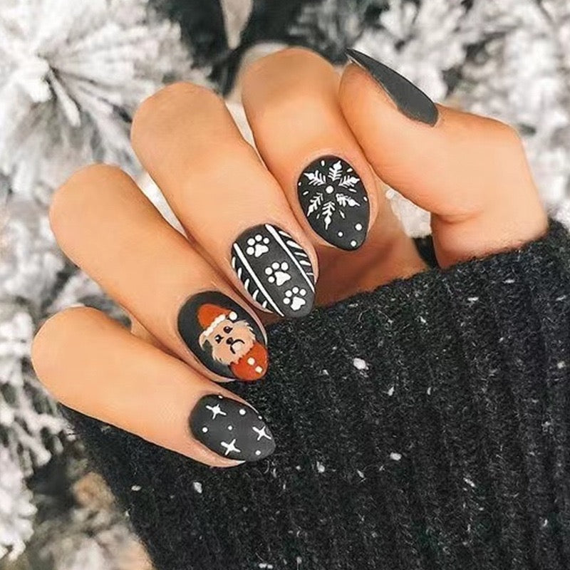 Pup For Santa Medium Stiletto Black Winter Press On Nails