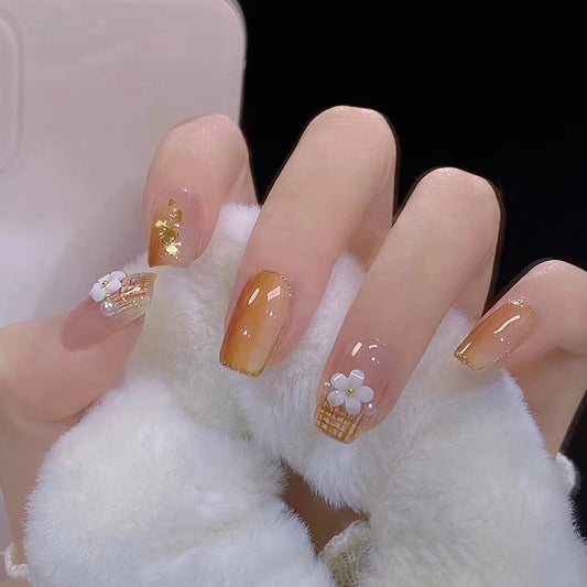 Sunset Picnic Medium Square Honey Gradient Press On Nail Set with Floral and Gold Foil Accents