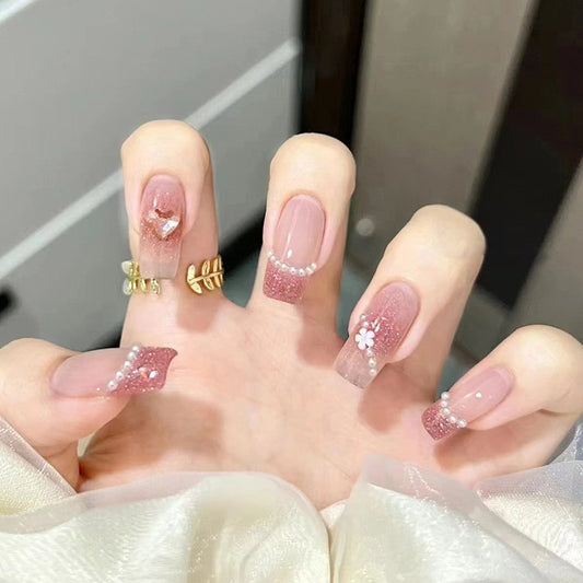 Bridal Blush Long Coffin Soft Pink Press On Nail Set with Glitter Gradient and Floral Detail