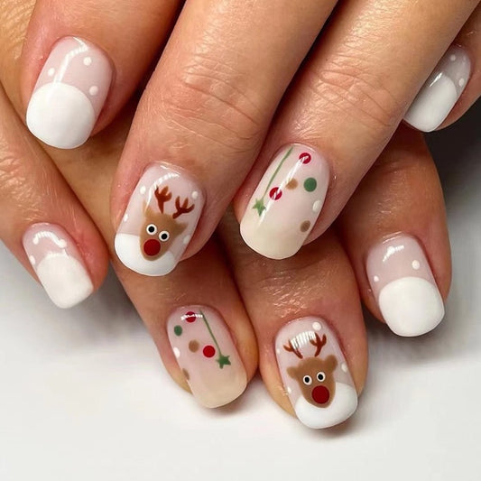 Rudolph Is Here Short Squoval White Holiday Press On Nails