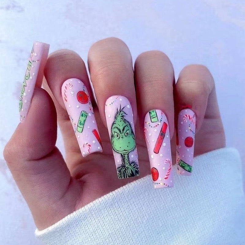 Stealing Presents Long Square Pink Holiday Press On Nails