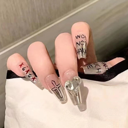 Rebel Heart Extra Long Coffin Press on Nails Beige and Black with Silver Accents and Crystal Embellishments