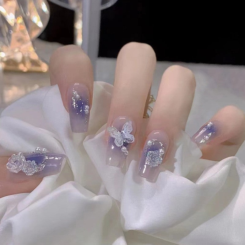 Enchanted Garden Medium Coffin Lavender Ombre Press On Nail Set with Glitter Accents and 3D Butterfly Charms