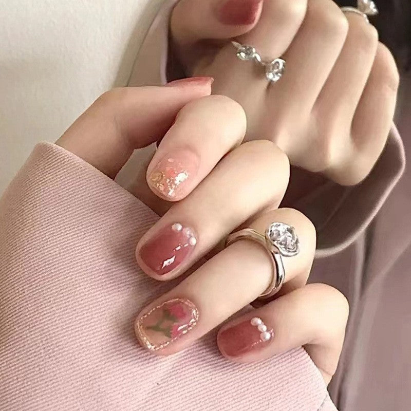 Blossom Bliss Short Squoval Peach Press On Nail Set with Floral Accents and Pearl Details