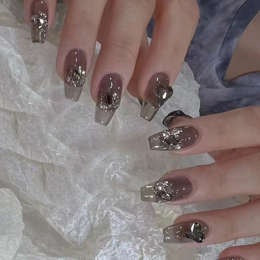 Glamorous Gala Long Coffin Taupe Press On Nail Set with Silver Foil Tips and Geometric Patterns