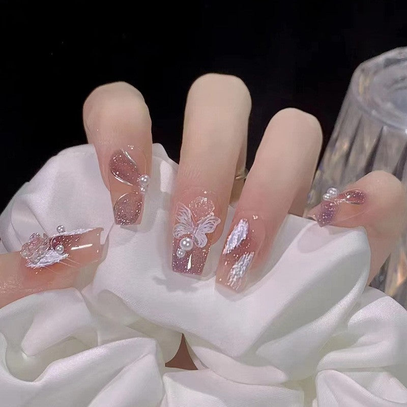 Floral Fantasy Medium Coffin Pink Press On Nail Set with Glitter Accents and Pearl Embellishments