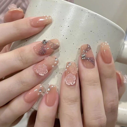 Blushing Rose Long Square Press On Nails in Sheer Pink with Glitter and 3D Flower Embellishments