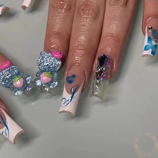 Whimsical Wonders Extra Long Square Transparent Press-On Nails with Blue Floral Art and 3D Glitter Accents