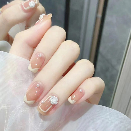 Dainty French Lady Medium Square Beige Pearls Press On Nails