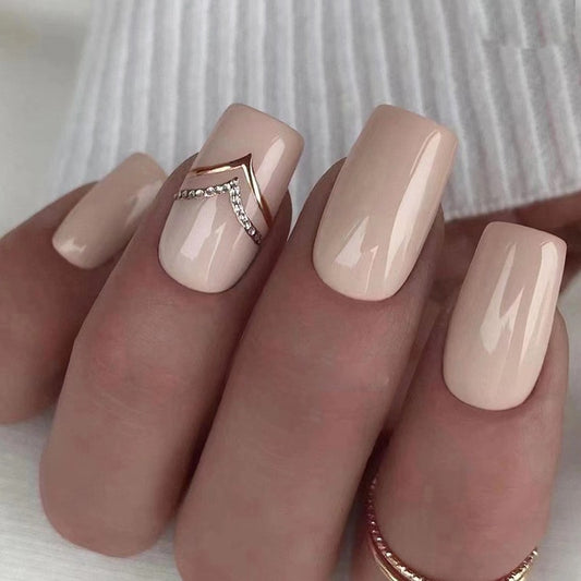 Wedding Band Medium Square Beige Glossy Press On Nails