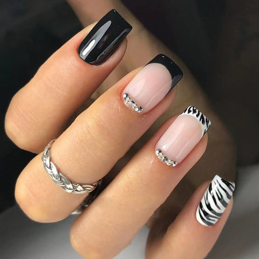 My Pet Zebra Short Squoval Black Animal Pattern Press On Nails