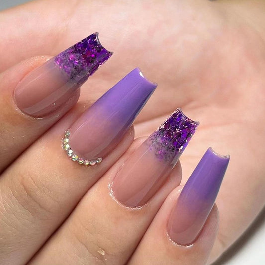 Grape Popsicle Long Coffin Purple Glitter Press On Nails