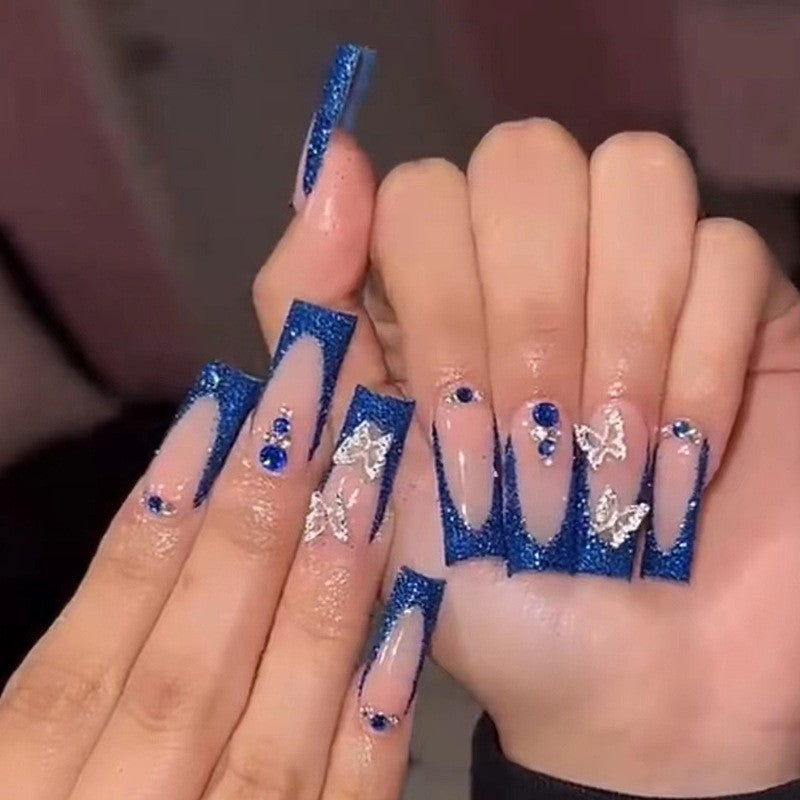 Glitter In My Hair Long Coffin Blue French Tips Press On Nails