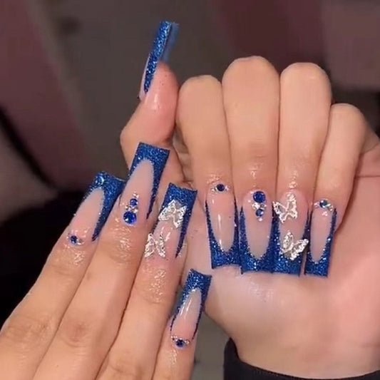 Glitter In My Hair Long Coffin Blue French Tips Press On Nails