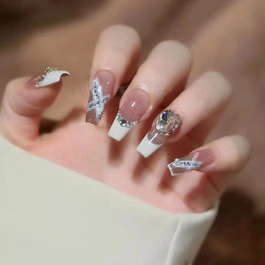 Cute Up Long Coffin White Studded Press On Nails