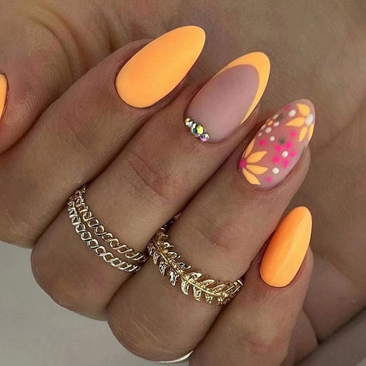 Flowers To Pick Medium Oval Orange Matte Press On Nails