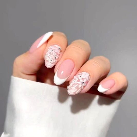 Layered Blossoms Short Oval White Floral Press On Nails