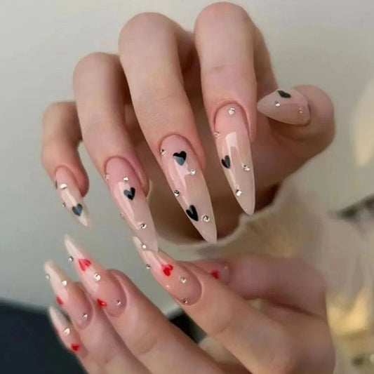 A Glitch Long Stiletto Beige Hearts Press On Nails