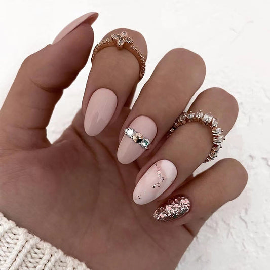 Dipped In Luxury Medium Oval Beige Studded Press On Nails